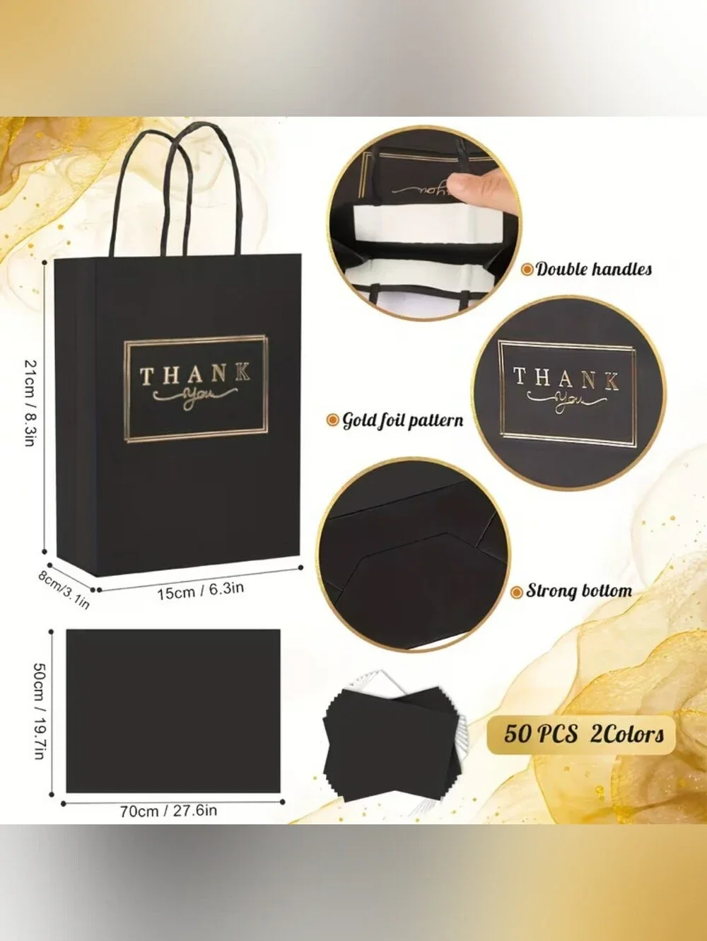 Set of Black And Gold Thank You Gift Bag Set With tissue Paper (50)